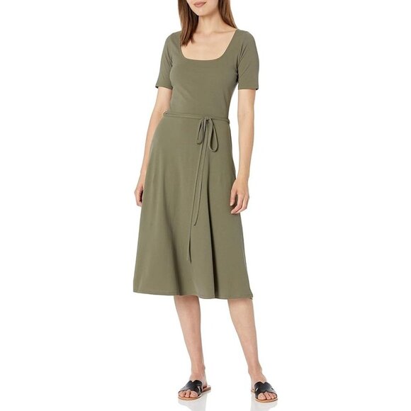 NEW Vince Womens XL Midi Dress Tie Waist Square Neck Short Sleeve in Mineral - Picture 2 of 12